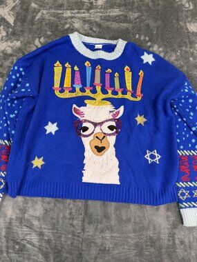 Celebrate Hanukkah Llama Menorah & Sequins Blue Ugly Sweater XXL